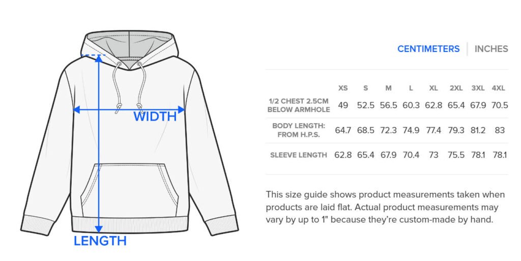 Image of a sizing chart for a unisex pullover graphic hoodie