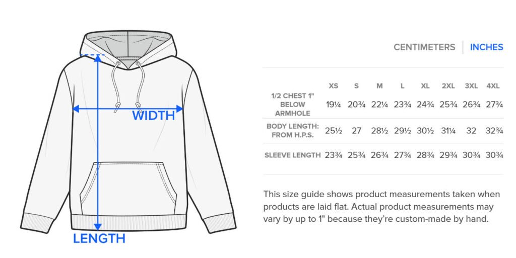 Image of a sizing chart for a unisex pullover graphic hoodie