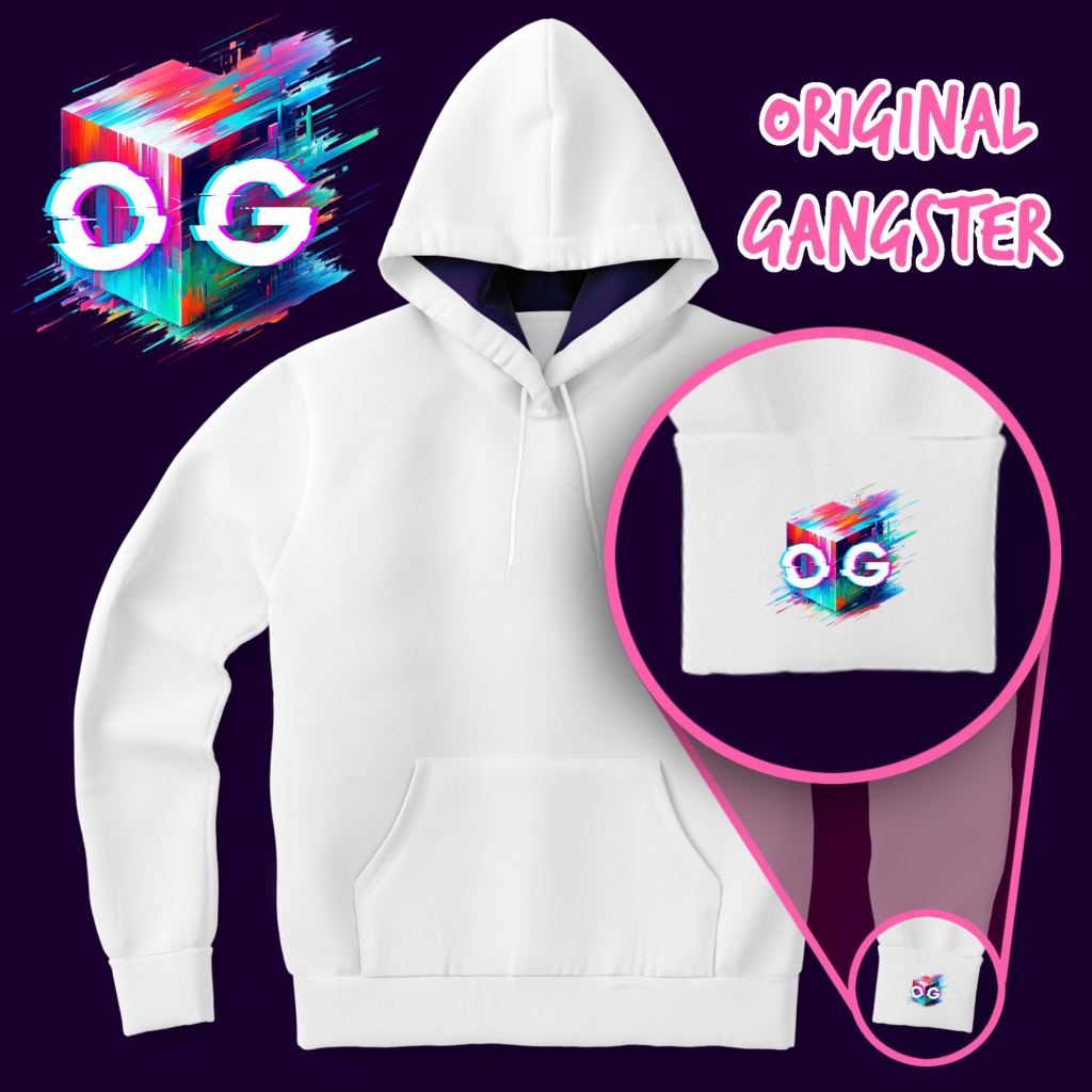 An image of a unisex pullover graphic hoodie displaying placement of an original gangster moniker on the garment