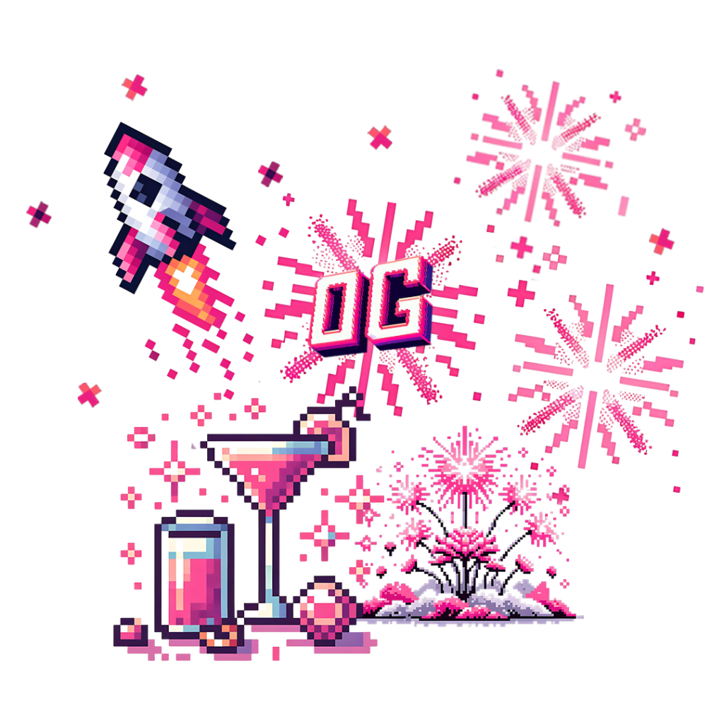 This image represents Glitched Pixel's launch of our cool graphic hoodies and gaming apparel. It shows a pixelated clipart of a celebration with fireworks, cocktails and rockets launching into the sky.