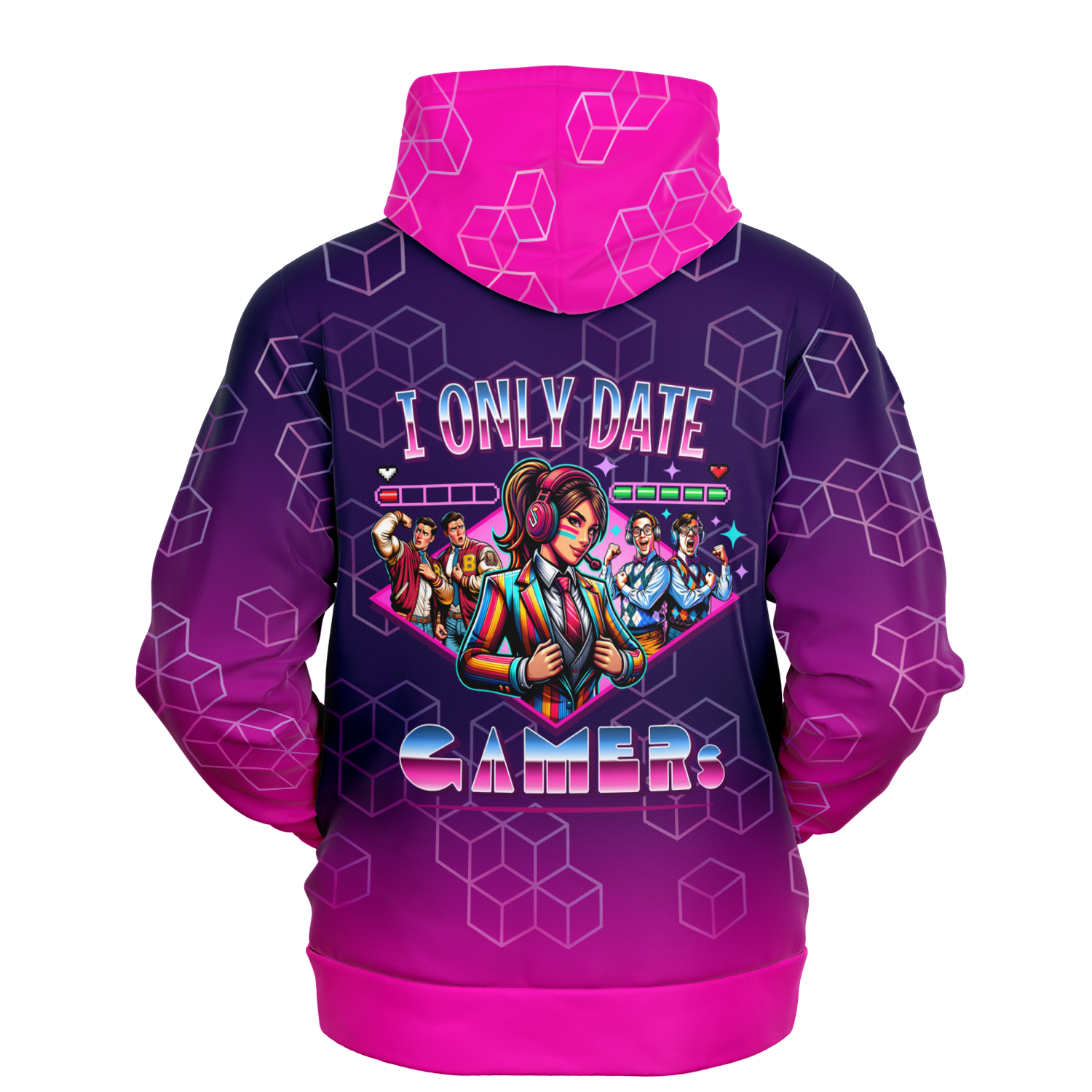 An image of a unisex pullover gaming hoodie sweatshirt. Graphic hoodies designed by Glitched Pixel with a unique hoodie design to make the best gaming gifts. This gamer outfit is named I Only Date Gamers and the clipart is cleverly designed on a pink graphic hoodie. Image links to Glitched Pixel's video game hoodies and other merch apparel shopping catalogue