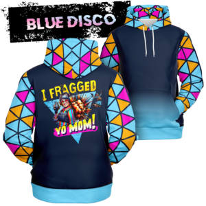 An image of a unisex pullover graphic sweatshirt gamer hoodie. Our collection of cool graphic hoodies are designed by Glitched Pixel with a unique hoodie design to make the best gaming gifts. This gamer hoodie is named I Fragged Yo Mom and the cleverly designed clipart is displayed on a tasteful navy blue graphic hoodie to compliment the style. The image links to Glitched Pixel's video game hoodies and other merch apparel in our shopping catalogue.