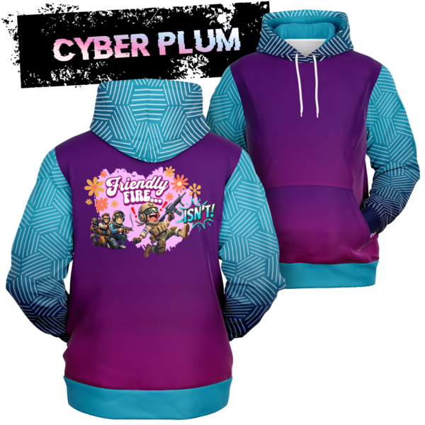 An image of a unisex pullover graphic sweatshirt gamer hoodie. Our collection of cool graphic hoodies are designed by Glitched Pixel with a unique hoodie design to make the best gaming gifts. This gamer hoodie is named Friendly Fire Isn't and the cleverly designed clipart is displayed on a tasteful purple and teal color hoodie to compliment the style. The image links to Glitched Pixel's video game hoodies and other merch apparel in our shopping catalogue.