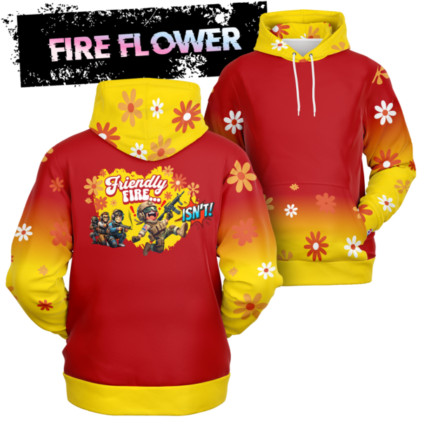 An image of a unisex pullover graphic sweatshirt gamer hoodie. Our collection of cool graphic hoodies are designed by Glitched Pixel with a unique hoodie design to make the best gaming gifts. This gamer hoodie is named Friendly Fire Isn't and the cleverly designed clipart is displayed on a tasteful yellow and red graphic hoodie to compliment the style. The image links to Glitched Pixel's video game hoodies and other merch apparel in our shopping catalogue.