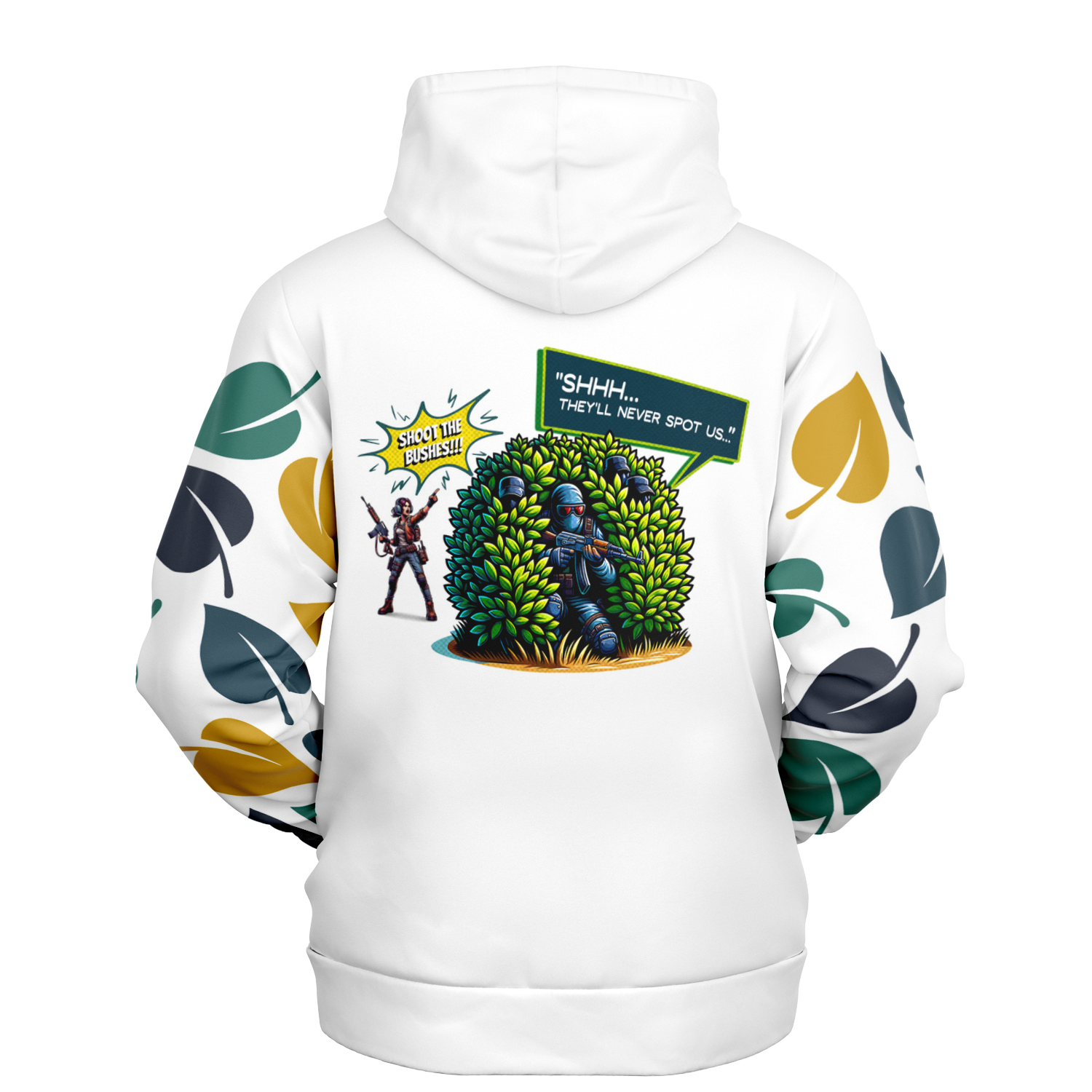 An image of a unisex pullover graphic sweatshirt gamer hoodie. Our collection of cool graphic hoodies are designed by Glitched Pixel with a unique hoodie design to make the best gaming gifts. This gamer hoodie is named Shoot The Bushes and the cleverly designed clipart is displayed on a tasteful white graphic hoodie to compliment the style. The image links to Glitched Pixel's video game hoodies and other merch apparel in our shopping catalogue.