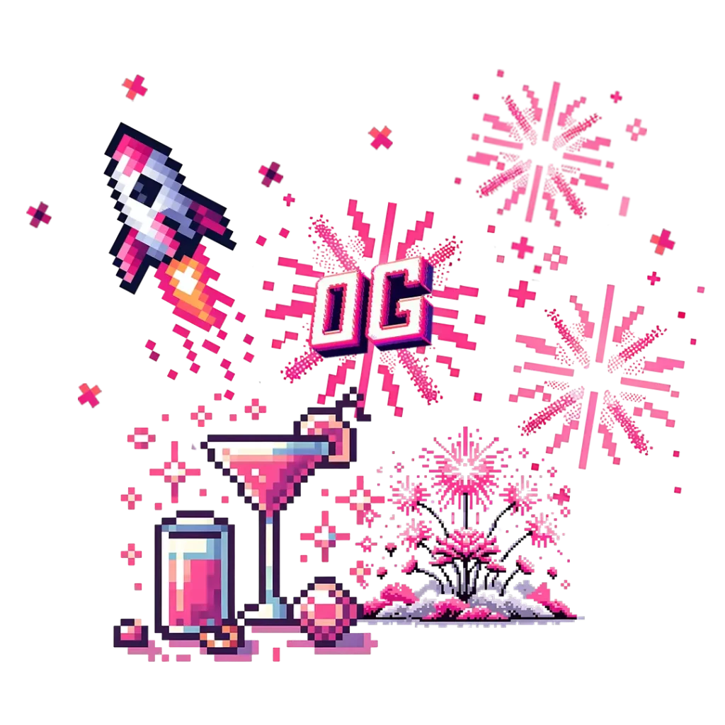 This image represents Glitched Pixel's launch of our cool graphic hoodies and gamer gear. It shows a pixelated clipart of a celebration with fireworks, cocktails and rockets launching into the sky. Image