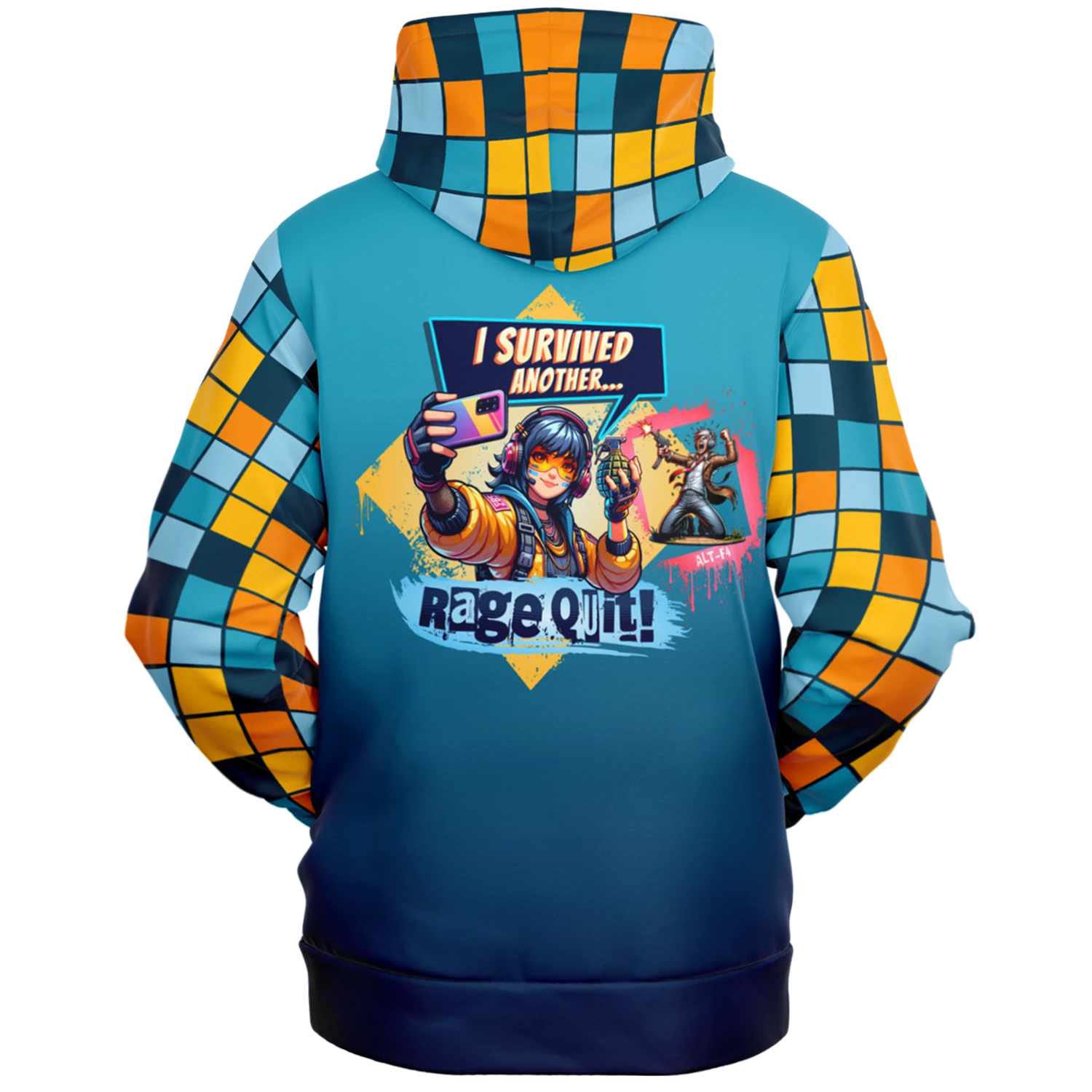 An image of a unisex pullover gamer hoodie. This gamer outfit is named I Survived Another Rage Quit, and the clipart is cleverly designed on a dark blue graphic hoodie. This Image links to Glitched Pixel's video game hoodies and other gamer gear shopping catalogue. Our collection of gamer gear and cool graphic hoodies are designed by Glitched Pixel for gamers and makes the best gaming gifts for that someone you know who loves games or bold fashion.
