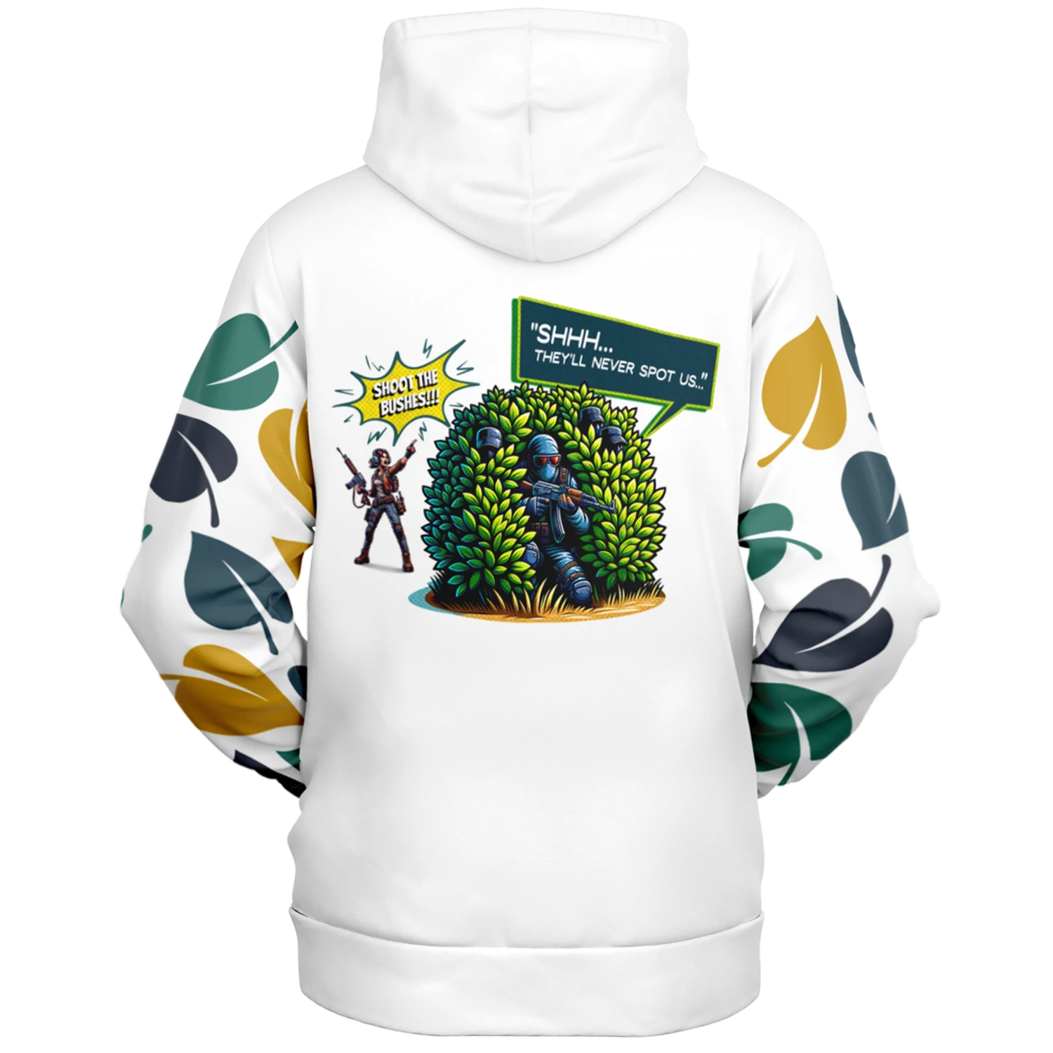 An image of a unisex pullover gamer hoodie. This gamer outfit is named Shoot The Bushes, and the clipart is cleverly designed on a white graphic hoodie. This Image links to Glitched Pixel's video game hoodies and other gamer gear shopping catalogue. Our collection of gamer gear and cool graphic hoodies are designed by Glitched Pixel for gamers and makes the best gaming gifts for that someone you know who loves games or bold fashion.