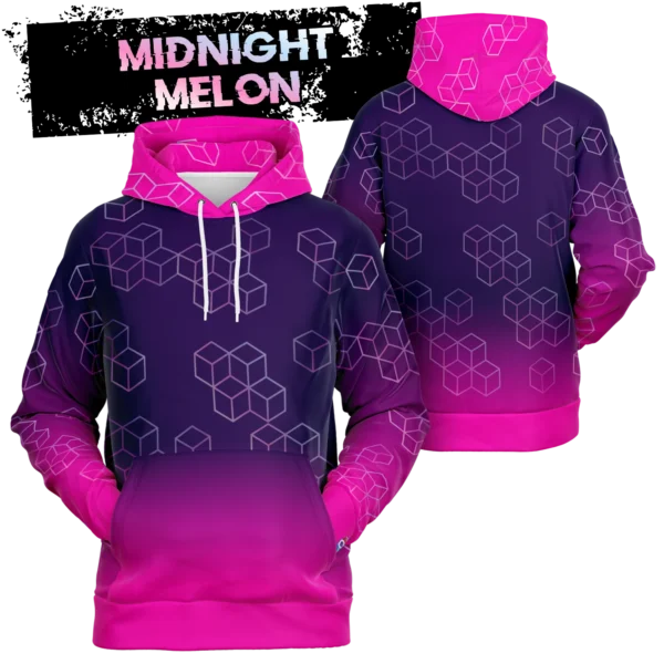 An image of a unisex pullover streetwear hoodie. This trendy graphic hoodie is designed to compliment a vibrant personality. Designed by Glitched Pixel, this purple and pink graphic hoodie is packed with vibrant color. This Image links to Glitched Pixel's trendy hoodies and gamer gear shopping catalogue. Our collection of gamer gear and cool hoodies for men and women are the perfect gifts for gamers and non-gamers alike.