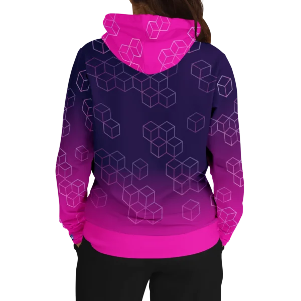 An image of a unisex pullover streetwear hoodie. This trendy graphic hoodie is designed to compliment a vibrant personality. Designed by Glitched Pixel, this purple and pink graphic hoodie is packed with vibrant color. This Image links to Glitched Pixel's trendy hoodies and gamer gear shopping catalogue. Our collection of gamer gear and cool hoodies for men and women are the perfect gifts for gamers and non-gamers alike.