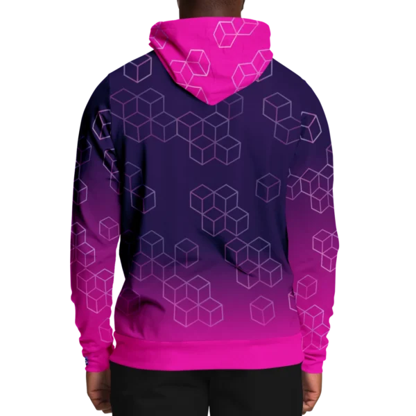 An image of a unisex pullover streetwear hoodie. This trendy graphic hoodie is designed to compliment a vibrant personality. Designed by Glitched Pixel, this purple and pink graphic hoodie is packed with vibrant color. This Image links to Glitched Pixel's trendy hoodies and gamer gear shopping catalogue. Our collection of gamer gear and cool hoodies for men and women are the perfect gifts for gamers and non-gamers alike.
