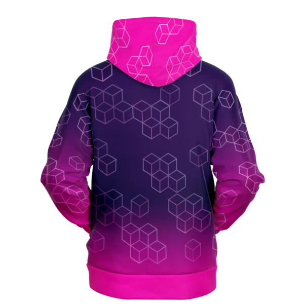 An image of a unisex pullover streetwear hoodie. This trendy graphic hoodie is designed to compliment a vibrant personality. Designed by Glitched Pixel, this purple and pink graphic hoodie is packed with vibrant color. This Image links to Glitched Pixel's trendy hoodies and gamer gear shopping catalogue. Our collection of gamer gear and cool hoodies for men and women are the perfect gifts for gamers and non-gamers alike.