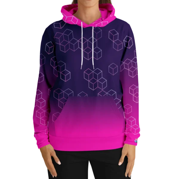 An image of a unisex pullover streetwear hoodie. This trendy graphic hoodie is designed to compliment a vibrant personality. Designed by Glitched Pixel, this purple and pink graphic hoodie is packed with vibrant color. This Image links to Glitched Pixel's trendy hoodies and gamer gear shopping catalogue. Our collection of gamer gear and cool hoodies for men and women are the perfect gifts for gamers and non-gamers alike.