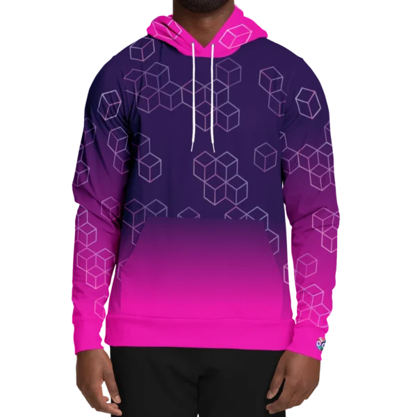 An image of a unisex pullover streetwear hoodie. This trendy graphic hoodie is designed to compliment a vibrant personality. Designed by Glitched Pixel, this purple and pink graphic hoodie is packed with vibrant color. This Image links to Glitched Pixel's trendy hoodies and gamer gear shopping catalogue. Our collection of gamer gear and cool hoodies for men and women are the perfect gifts for gamers and non-gamers alike.