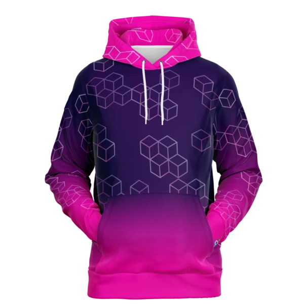 An image of a unisex pullover streetwear hoodie. This trendy graphic hoodie is designed to compliment a vibrant personality. Designed by Glitched Pixel, this purple and pink graphic hoodie is packed with vibrant color. This Image links to Glitched Pixel's trendy hoodies and gamer gear shopping catalogue. Our collection of gamer gear and cool hoodies for men and women are the perfect gifts for gamers and non-gamers alike.