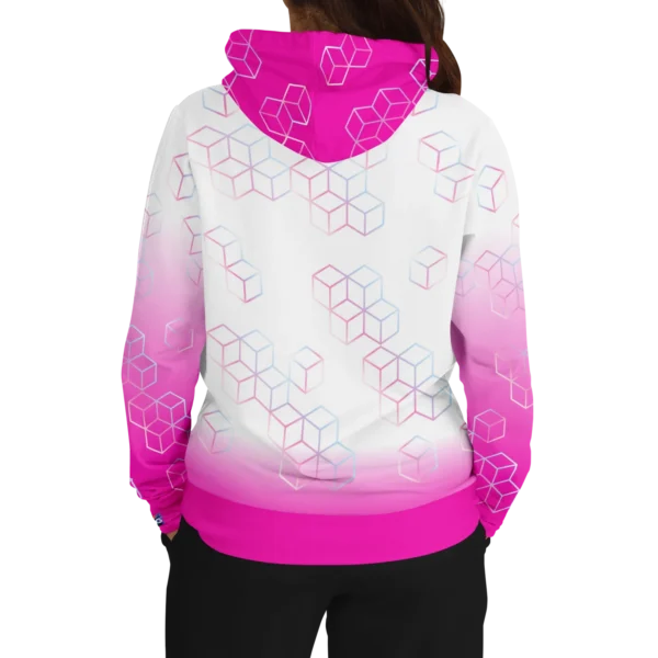 An image of a unisex pullover streetwear hoodie. A trendy graphic hoodie made to compliment a vibrant personality. Designed by Glitched Pixel, this white and pink graphic hoodie is packed with vibrant color. This Image links to Glitched Pixel's trendy hoodies and gamer gear shopping catalogue. Our collection of gamer gear and cool hoodies for men and women are the perfect gifts for gamers and non-gamers alike.