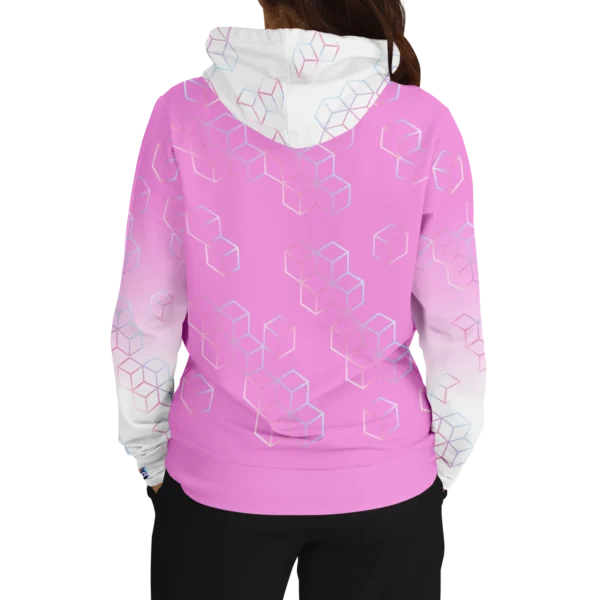 An image of a unisex pullover streetwear hoodie. A trendy graphic hoodie made to compliment a vibrant personality. Designed by Glitched Pixel, this white and pink graphic hoodie is packed with vibrant color. This Image links to Glitched Pixel's trendy hoodies and gamer gear shopping catalogue. Our collection of gamer gear and cool hoodies for men and women are the perfect gifts for gamers and non-gamers alike.