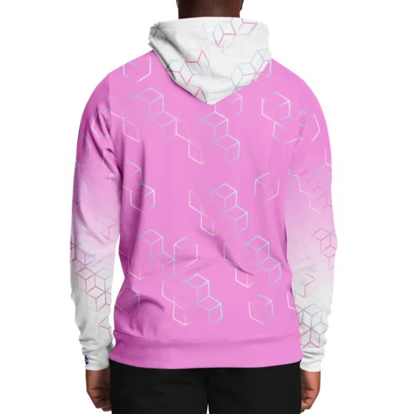 An image of a unisex pullover streetwear hoodie. A trendy graphic hoodie made to compliment a vibrant personality. Designed by Glitched Pixel, this white and pink graphic hoodie is packed with vibrant color. This Image links to Glitched Pixel's trendy hoodies and gamer gear shopping catalogue. Our collection of gamer gear and cool hoodies for men and women are the perfect gifts for gamers and non-gamers alike.