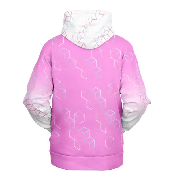 An image of a unisex pullover streetwear hoodie. A trendy graphic hoodie made to compliment a vibrant personality. Designed by Glitched Pixel, this white and pink graphic hoodie is packed with vibrant color. This Image links to Glitched Pixel's trendy hoodies and gamer gear shopping catalogue. Our collection of gamer gear and cool hoodies for men and women are the perfect gifts for gamers and non-gamers alike.