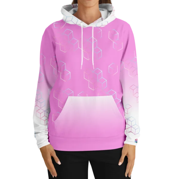 An image of a unisex pullover streetwear hoodie. A trendy graphic hoodie made to compliment a vibrant personality. Designed by Glitched Pixel, this white and pink graphic hoodie is packed with vibrant color. This Image links to Glitched Pixel's trendy hoodies and gamer gear shopping catalogue. Our collection of gamer gear and cool hoodies for men and women are the perfect gifts for gamers and non-gamers alike.