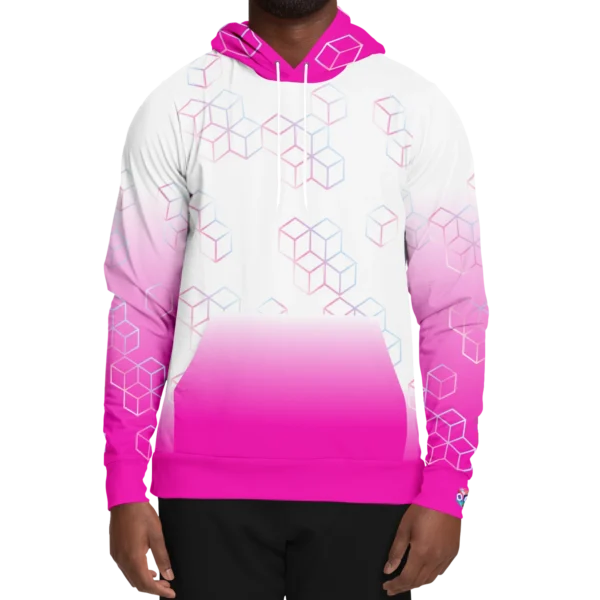 An image of a unisex pullover streetwear hoodie. A trendy graphic hoodie made to compliment a vibrant personality. Designed by Glitched Pixel, this white and pink graphic hoodie is packed with vibrant color. This Image links to Glitched Pixel's trendy hoodies and gamer gear shopping catalogue. Our collection of gamer gear and cool hoodies for men and women are the perfect gifts for gamers and non-gamers alike.