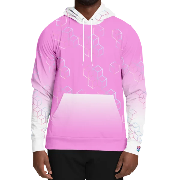 An image of a unisex pullover streetwear hoodie. A trendy graphic hoodie made to compliment a vibrant personality. Designed by Glitched Pixel, this white and pink graphic hoodie is packed with vibrant color. This Image links to Glitched Pixel's trendy hoodies and gamer gear shopping catalogue. Our collection of gamer gear and cool hoodies for men and women are the perfect gifts for gamers and non-gamers alike.