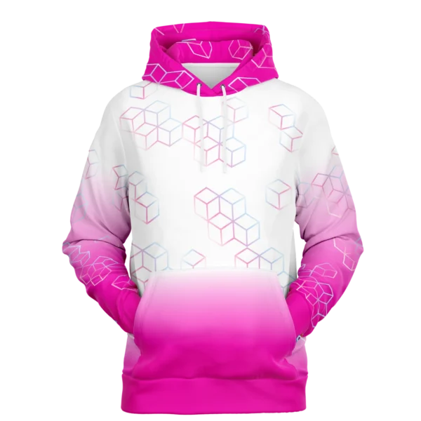 An image of a unisex pullover streetwear hoodie. A trendy graphic hoodie made to compliment a vibrant personality. Designed by Glitched Pixel, this white and pink graphic hoodie is packed with vibrant color. This Image links to Glitched Pixel's trendy hoodies and gamer gear shopping catalogue. Our collection of gamer gear and cool hoodies for men and women are the perfect gifts for gamers and non-gamers alike.