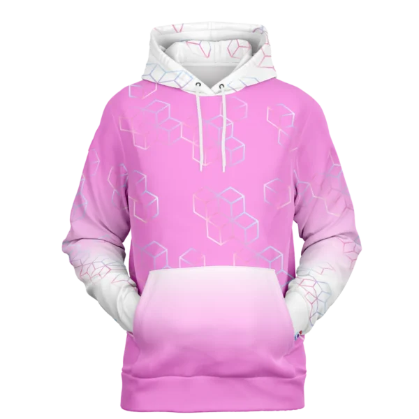 An image of a unisex pullover streetwear hoodie. A trendy graphic hoodie made to compliment a vibrant personality. Designed by Glitched Pixel, this white and pink graphic hoodie is packed with vibrant color. This Image links to Glitched Pixel's trendy hoodies and gamer gear shopping catalogue. Our collection of gamer gear and cool hoodies for men and women are the perfect gifts for gamers and non-gamers alike.