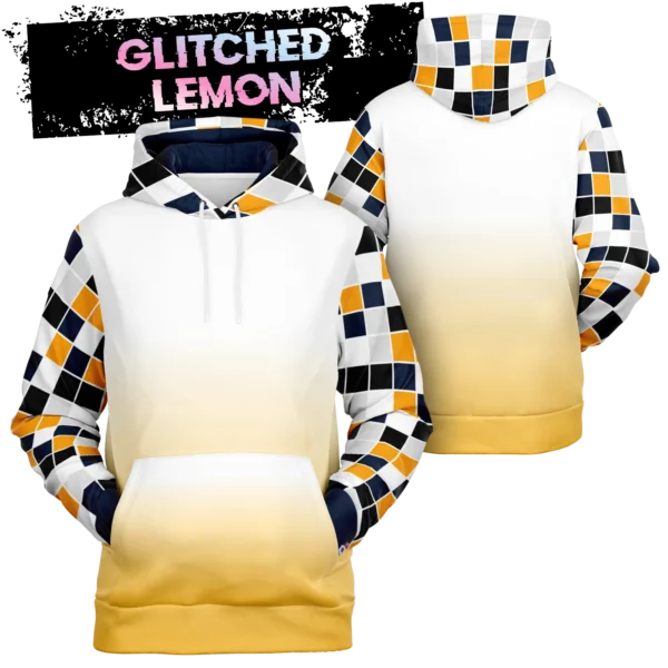 An image of a unisex pullover streetwear hoodie. A trendy graphic hoodie made to compliment a vibrant personality. Designed by Glitched Pixel, this yellow and white graphic hoodie is packed with vibrant color. This Image links to Glitched Pixel's trendy hoodies and gamer gear shopping catalogue. Our collection of gamer gear and cool hoodies for men and women are the perfect gifts for gamers and non-gamers alike.