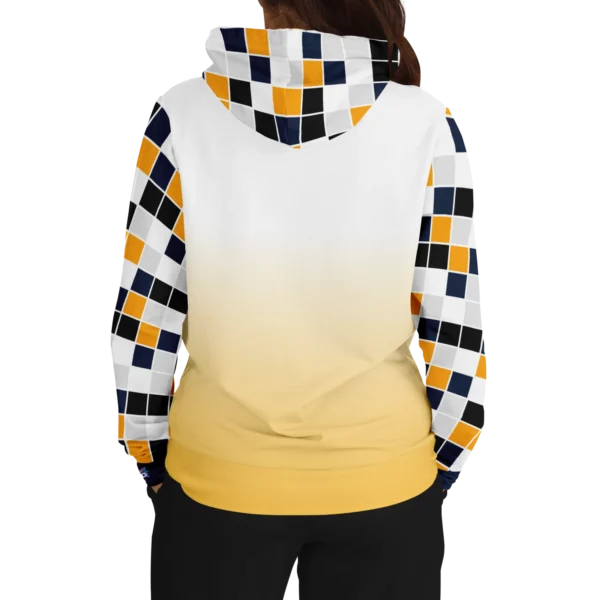 An image of a unisex pullover streetwear hoodie. A trendy graphic hoodie made to compliment a vibrant personality. Designed by Glitched Pixel, this yellow and white graphic hoodie is packed with vibrant color. This Image links to Glitched Pixel's trendy hoodies and gamer gear shopping catalogue. Our collection of gamer gear and cool hoodies for men and women are the perfect gifts for gamers and non-gamers alike.