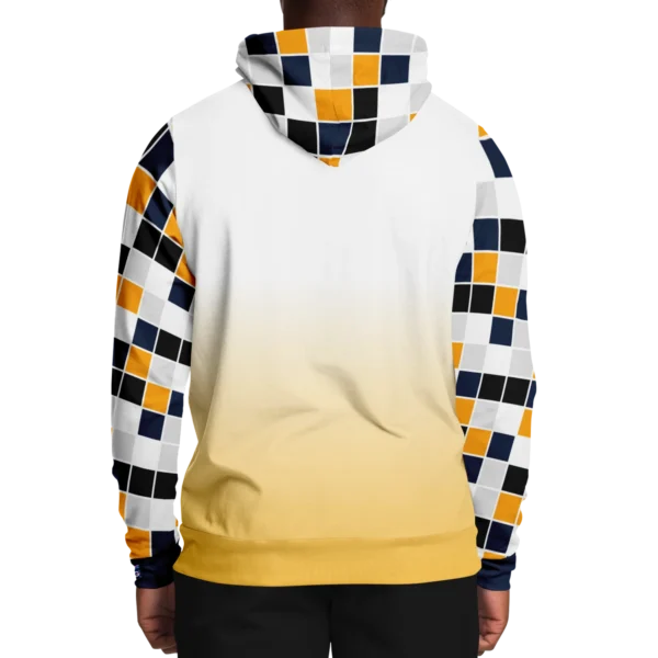An image of a unisex pullover streetwear hoodie. A trendy graphic hoodie made to compliment a vibrant personality. Designed by Glitched Pixel, this yellow and white graphic hoodie is packed with vibrant color. This Image links to Glitched Pixel's trendy hoodies and gamer gear shopping catalogue. Our collection of gamer gear and cool hoodies for men and women are the perfect gifts for gamers and non-gamers alike.