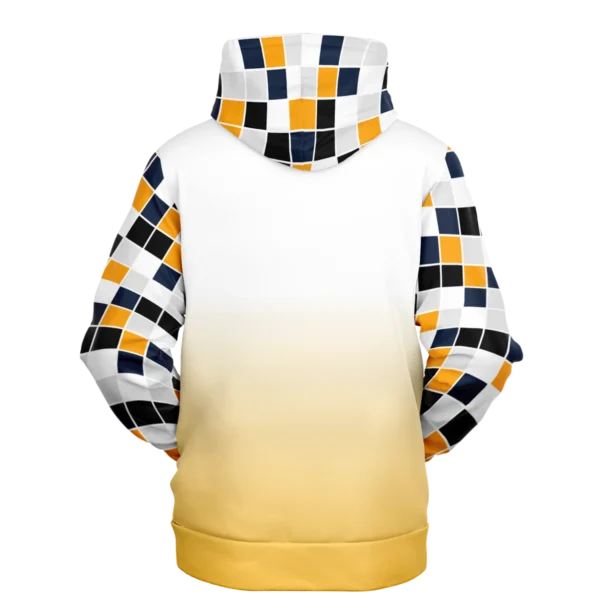 An image of a unisex pullover streetwear hoodie. A trendy graphic hoodie made to compliment a vibrant personality. Designed by Glitched Pixel, this yellow and white graphic hoodie is packed with vibrant color. This Image links to Glitched Pixel's trendy hoodies and gamer gear shopping catalogue. Our collection of gamer gear and cool hoodies for men and women are the perfect gifts for gamers and non-gamers alike.
