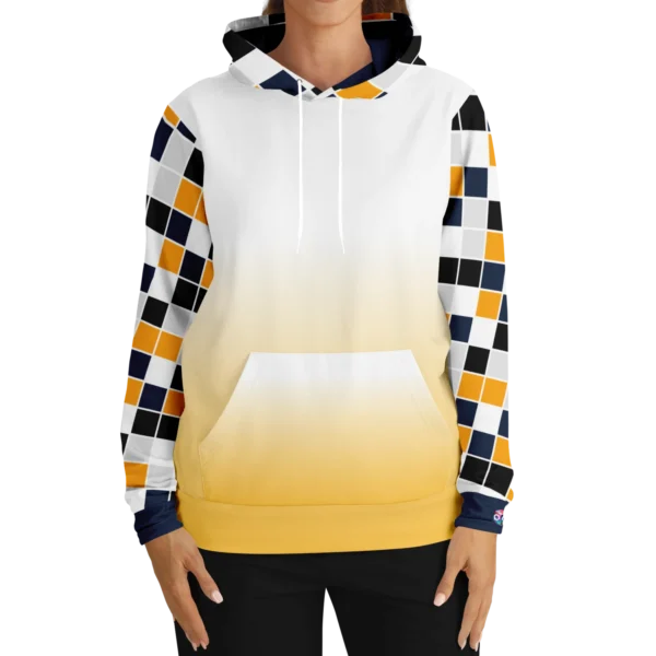 An image of a unisex pullover streetwear hoodie. A trendy graphic hoodie made to compliment a vibrant personality. Designed by Glitched Pixel, this yellow and white graphic hoodie is packed with vibrant color. This Image links to Glitched Pixel's trendy hoodies and gamer gear shopping catalogue. Our collection of gamer gear and cool hoodies for men and women are the perfect gifts for gamers and non-gamers alike.