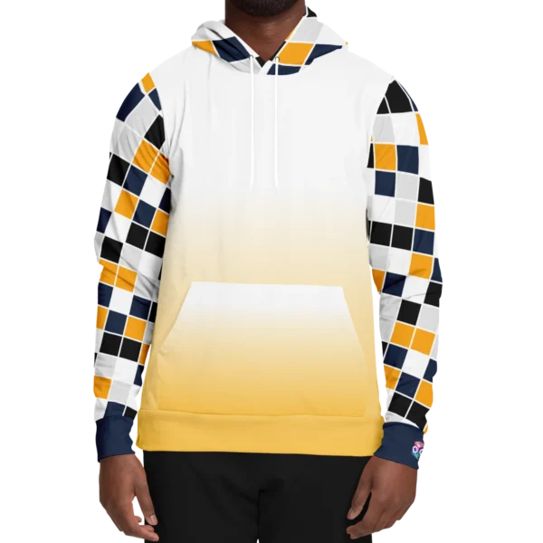An image of a unisex pullover streetwear hoodie. A trendy graphic hoodie made to compliment a vibrant personality. Designed by Glitched Pixel, this yellow and white graphic hoodie is packed with vibrant color. This Image links to Glitched Pixel's trendy hoodies and gamer gear shopping catalogue. Our collection of gamer gear and cool hoodies for men and women are the perfect gifts for gamers and non-gamers alike.