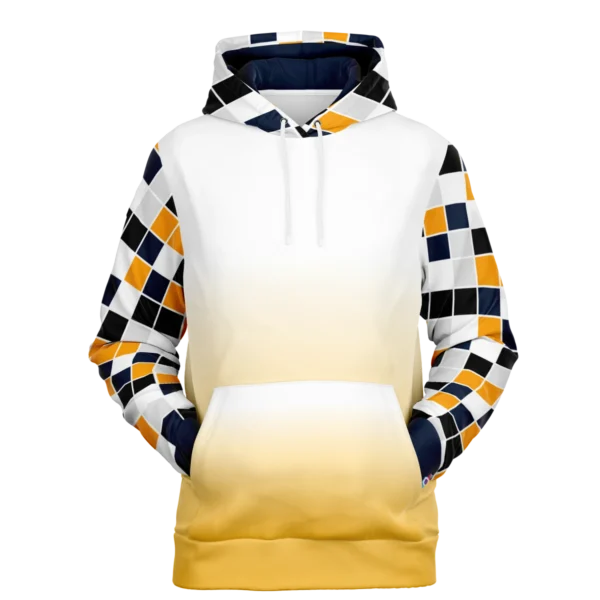 An image of a unisex pullover streetwear hoodie. A trendy graphic hoodie made to compliment a vibrant personality. Designed by Glitched Pixel, this yellow and white graphic hoodie is packed with vibrant color. This Image links to Glitched Pixel's trendy hoodies and gamer gear shopping catalogue. Our collection of gamer gear and cool hoodies for men and women are the perfect gifts for gamers and non-gamers alike.